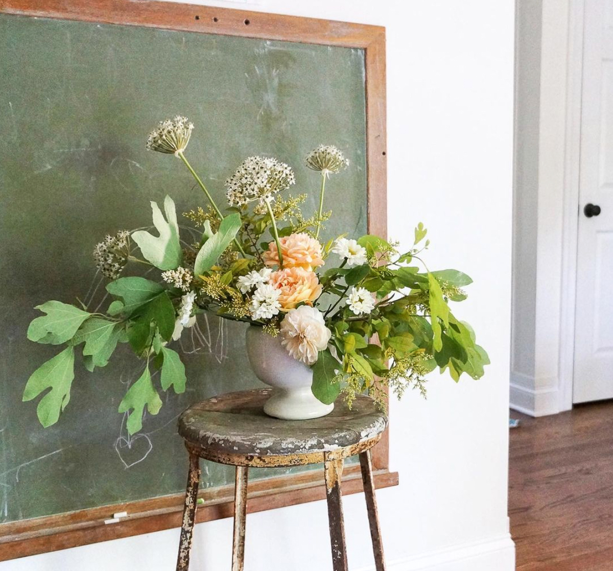 Vintage green chalkboard is the perfect backdrop for a bouquet of fresh flowers kellyelko.com