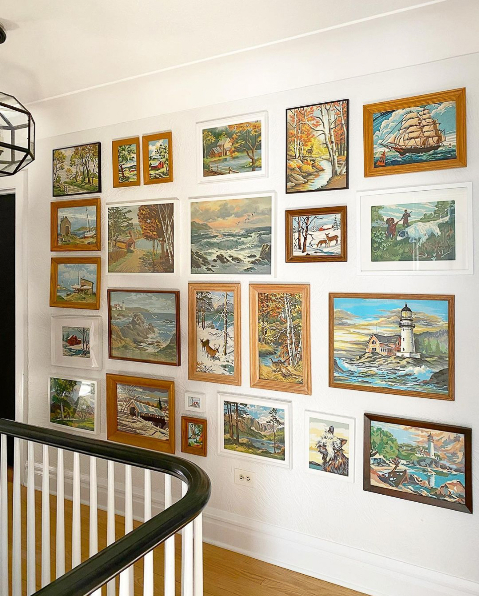 Paint by numbers gallery walls - love this eclectic mix of paintings and frames kellyelko.com