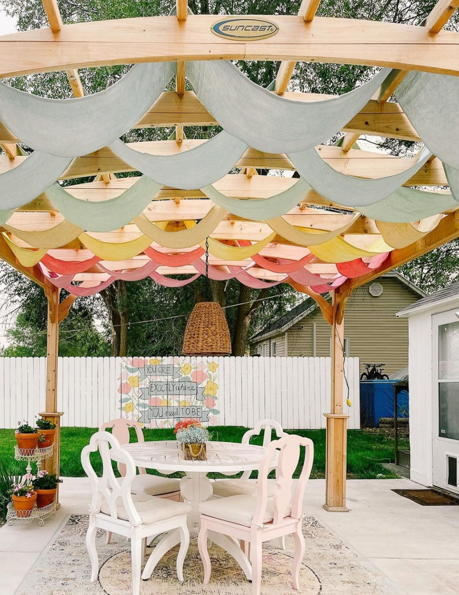 How to make a fabric pergola cover - love the rainbow colors! kellyelko.com