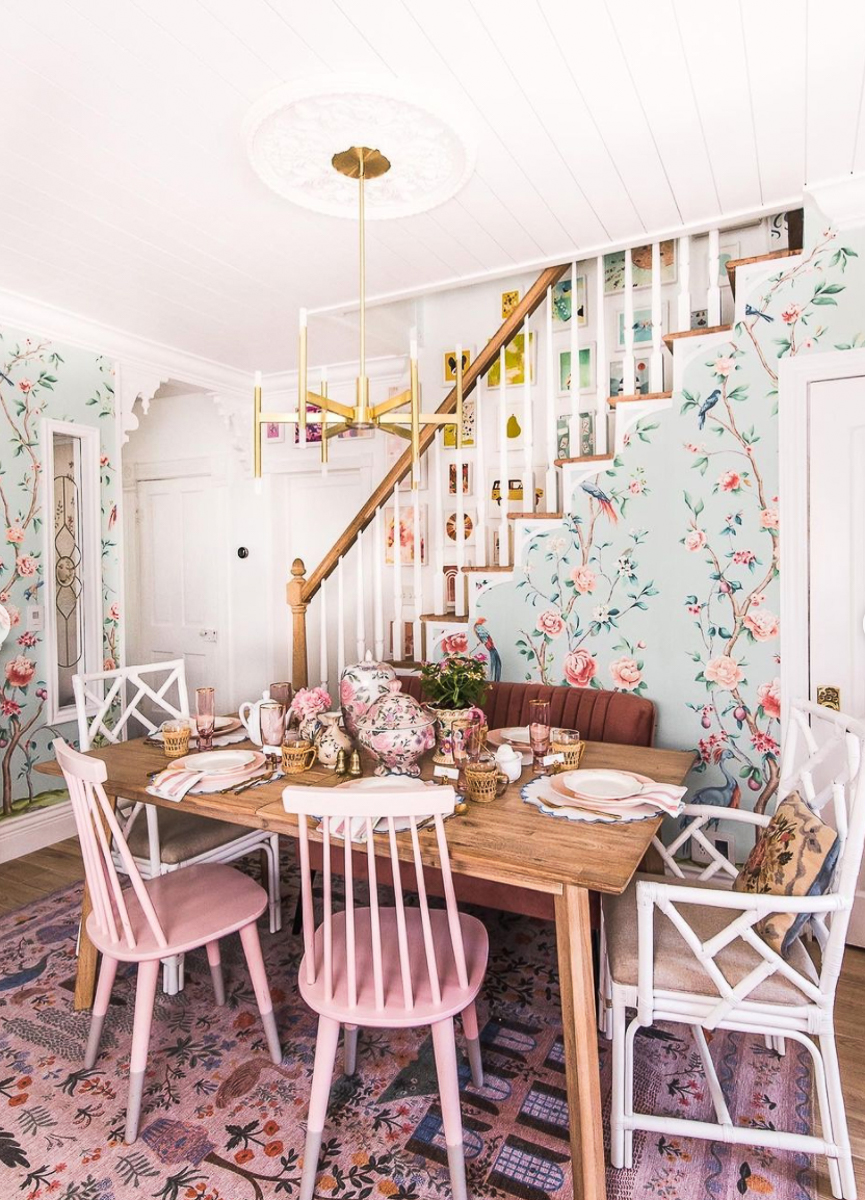 Colorful kitchen with whimsical chinoiserie wallpaper in blue and pink kellyelko.com 