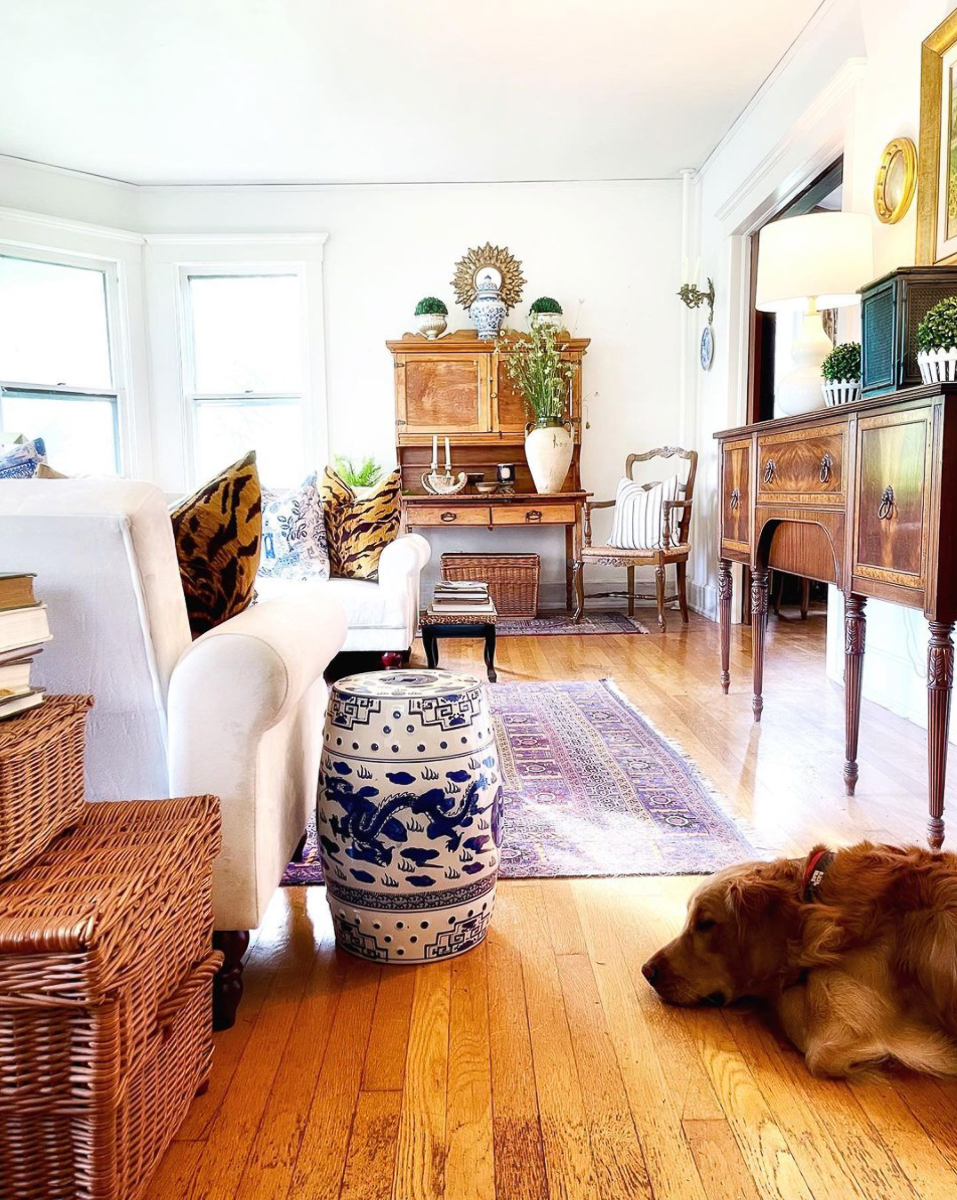 Beautiful mix of antique furniture in this farmhouse tour kellyelko.com - love the old secretary 