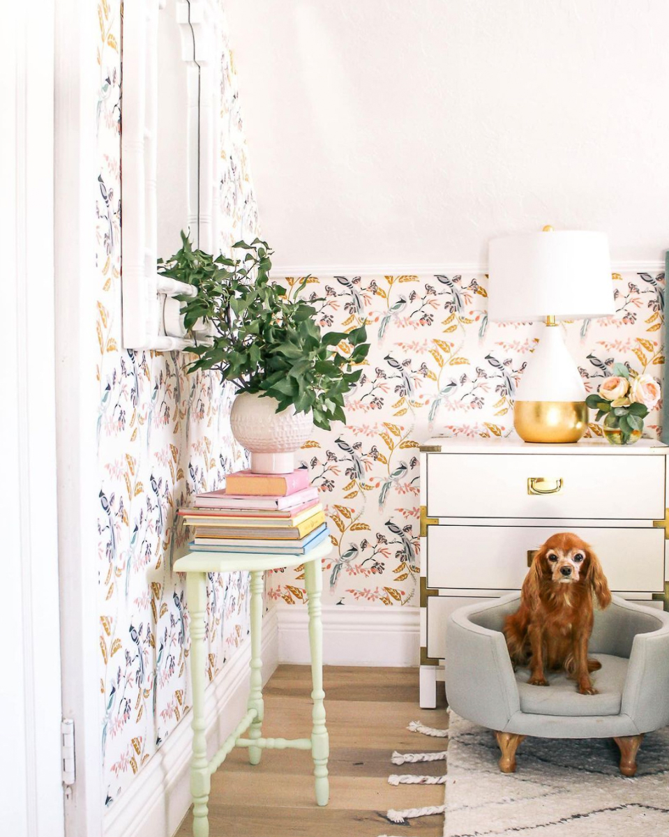 Colorful wallpaper adds fun pattern to a white bedroom kellyelko.com