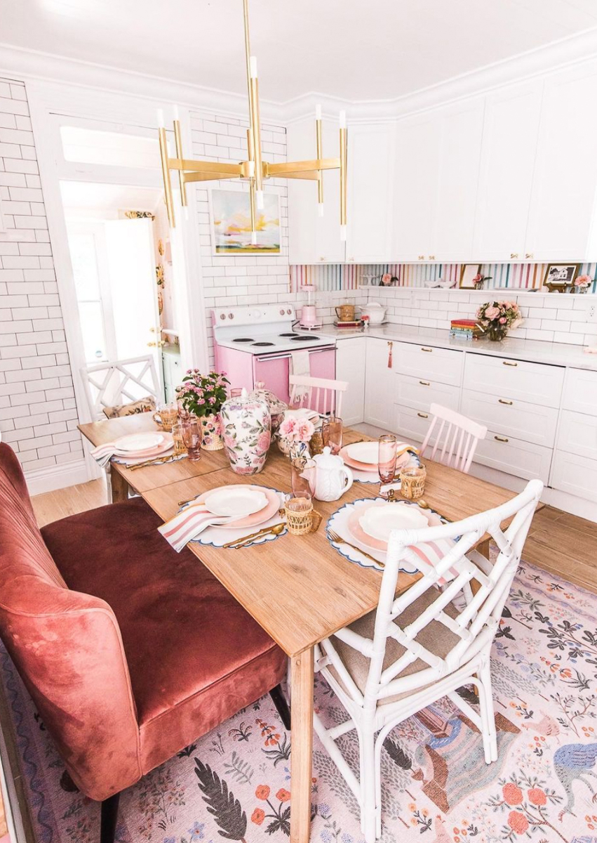 Cottage kitchen with pink stove and brass accents kellyelko.com 