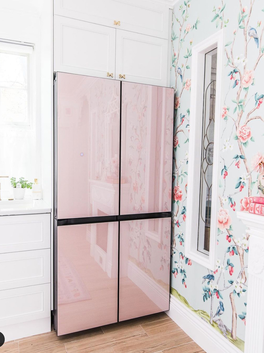 Gorgeous pink Samsung refrigerator in this colorful cottage kitchen kellyelko.com