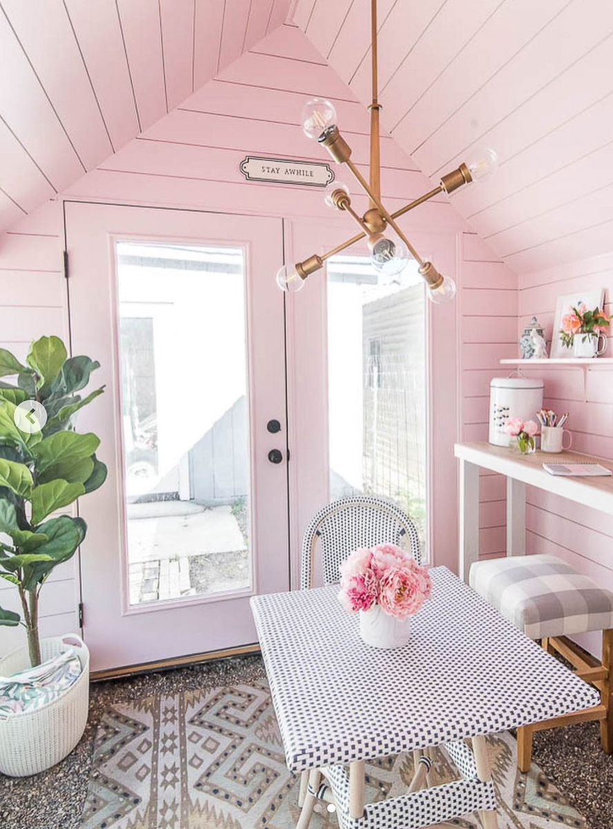 Love the interior of this charming pink she shed kellyelko.com