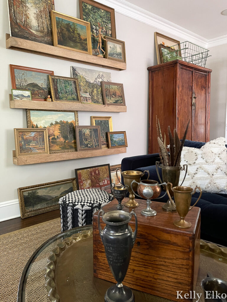No Pumpkin Fall Decorating - Vintage Landscape painting collection on picture ledges / kellyelko.com