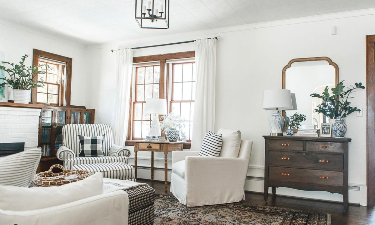 Farmhouse family room with unpainted wood trim kellyelko.com