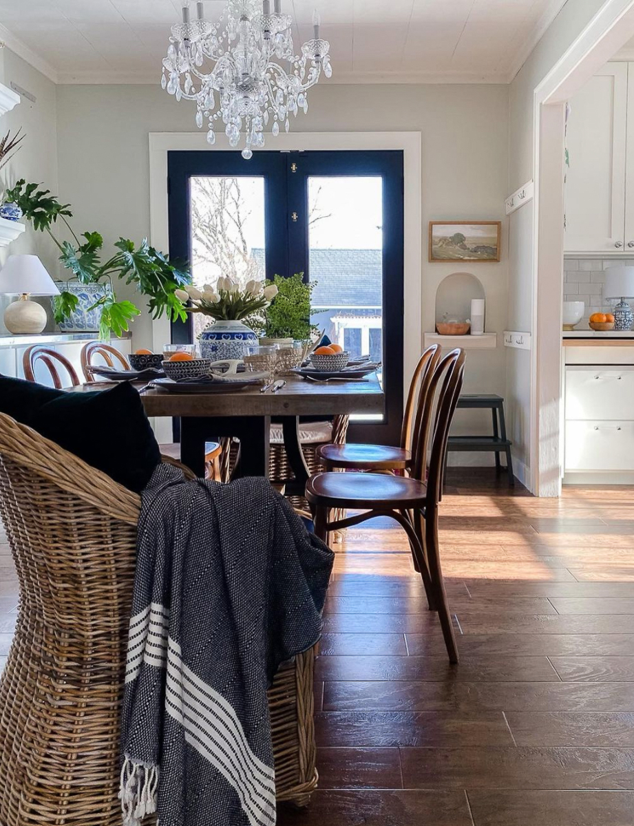 Love the bentwood chairs paired with wicker in this small dining room kellyelko.com