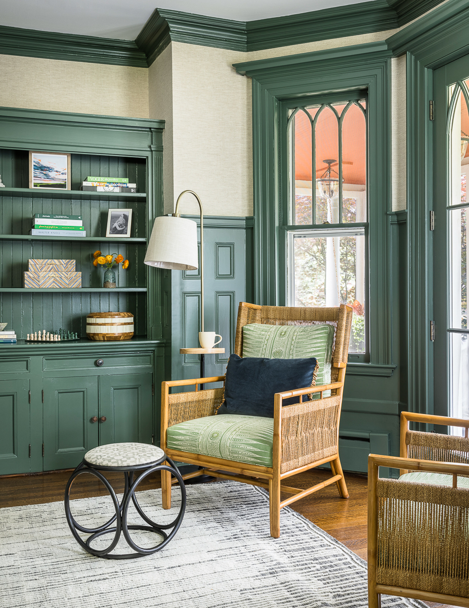 Deep, rich and dramatic paint on the built-ins and trim in this old home kellyelko.com