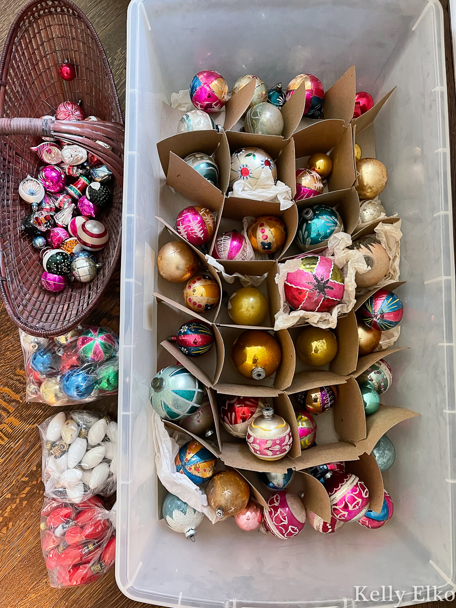 Look at this HUGE assortment of vintage Christmas ornaments she found! kellyelko.com