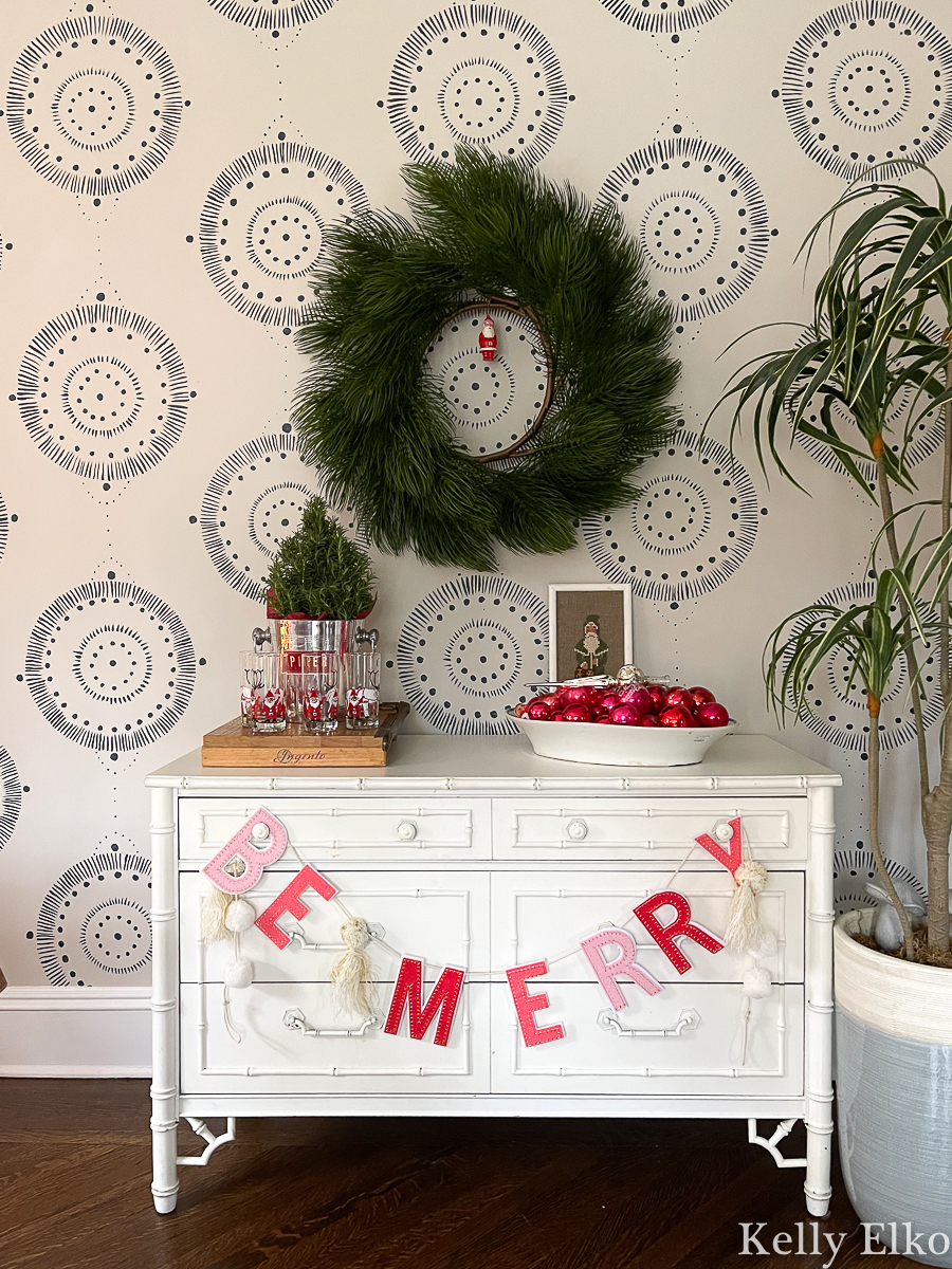 Festive Christmas bar cart with Be Merry Garland and huge wreath kellyelko.com