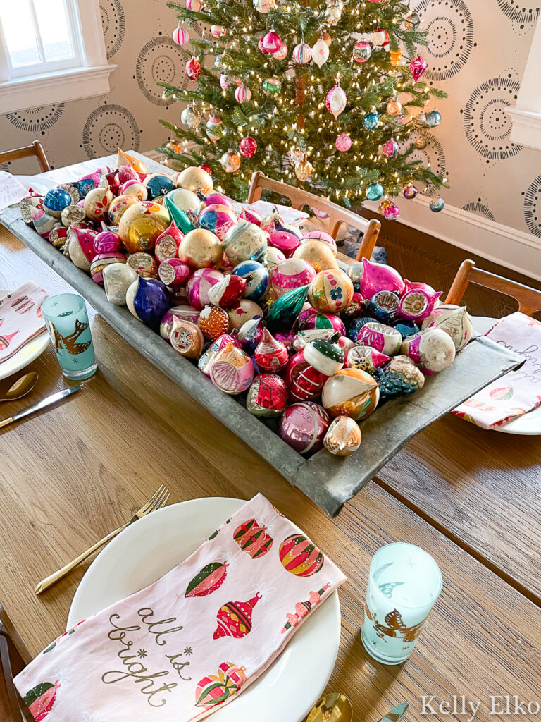 Shiny Brite Decorating Ideas - love this trough filled with vintage ornaments / kellyelko.com