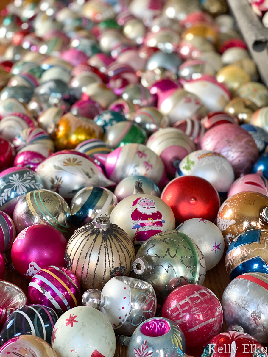 Huge collection of vintage Shiny Brite ornaments - love the Santa ornament kellyelko.com