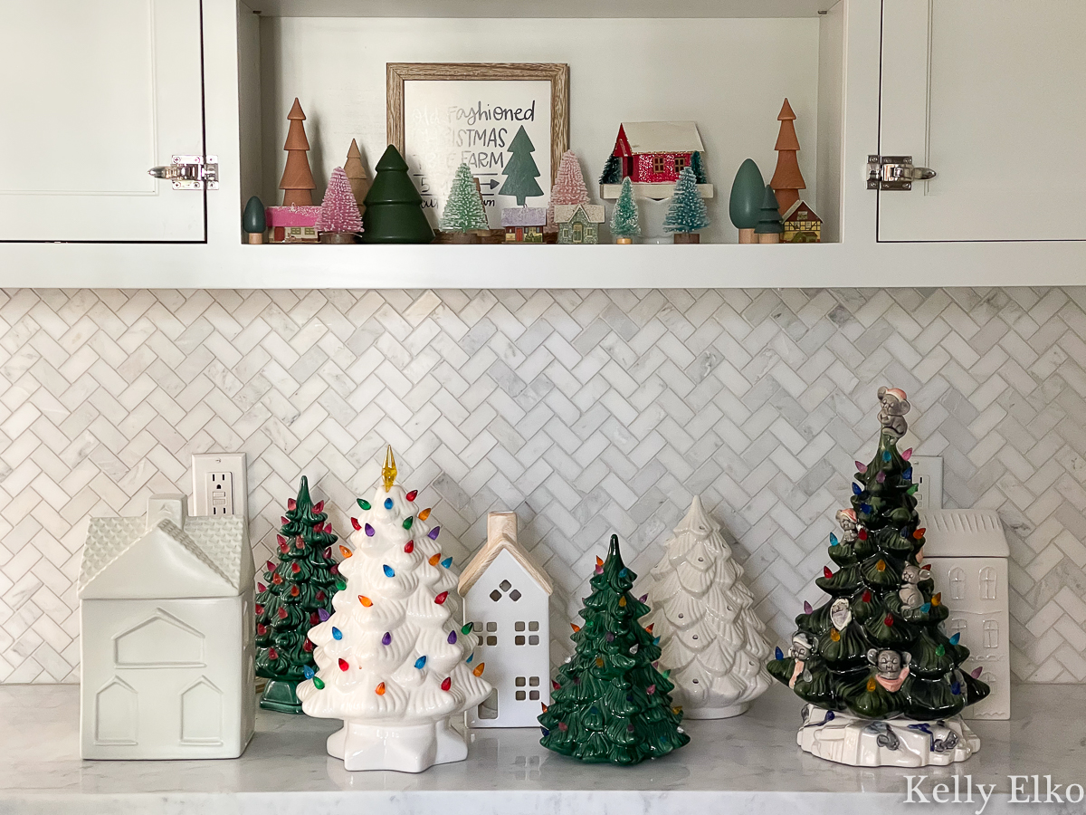 Love this collection of vintage and new ceramic light up Christmas trees kellyelko.com