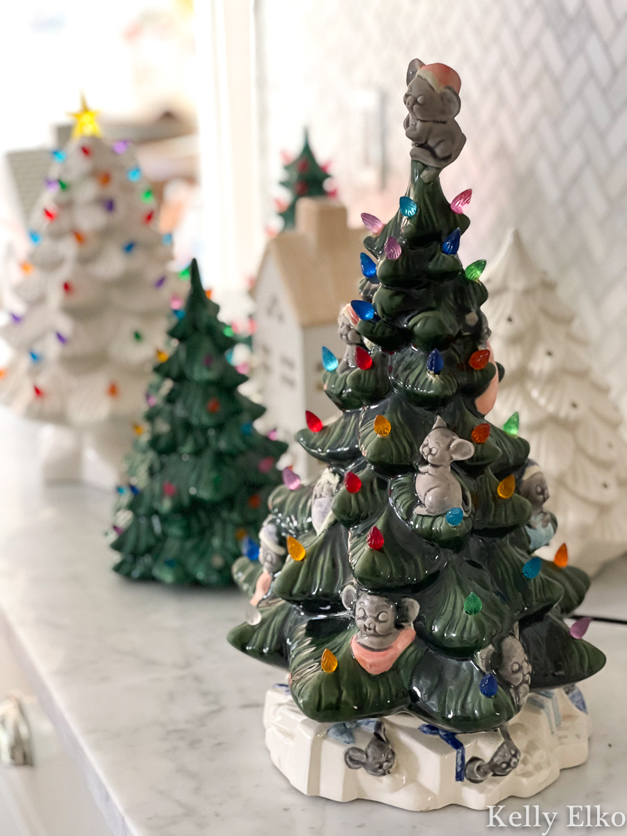 Love this collection of vintage ceramic light up Christmas trees - especially the mice tree! kellyelko.com