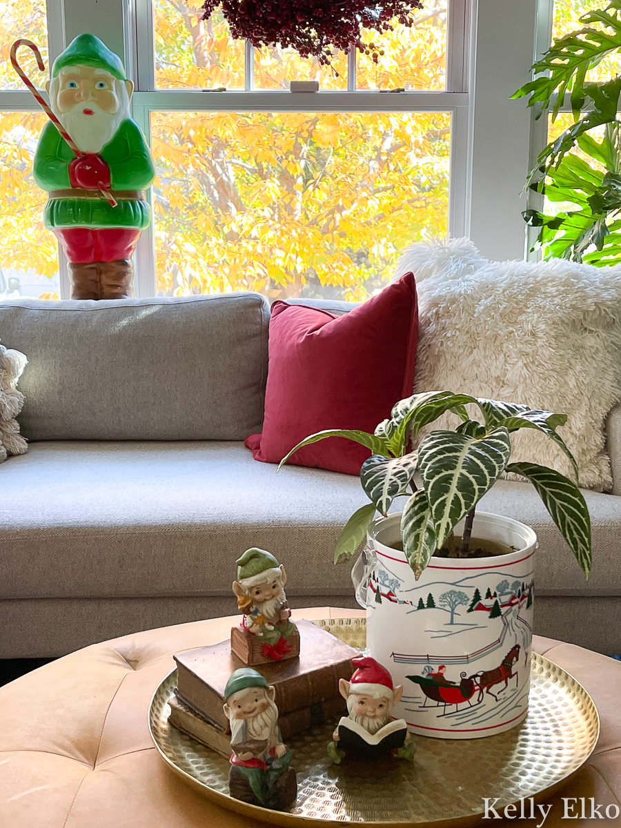 Cozy family room with vintage elf blow mold and ice bucket planter kellyelko.com