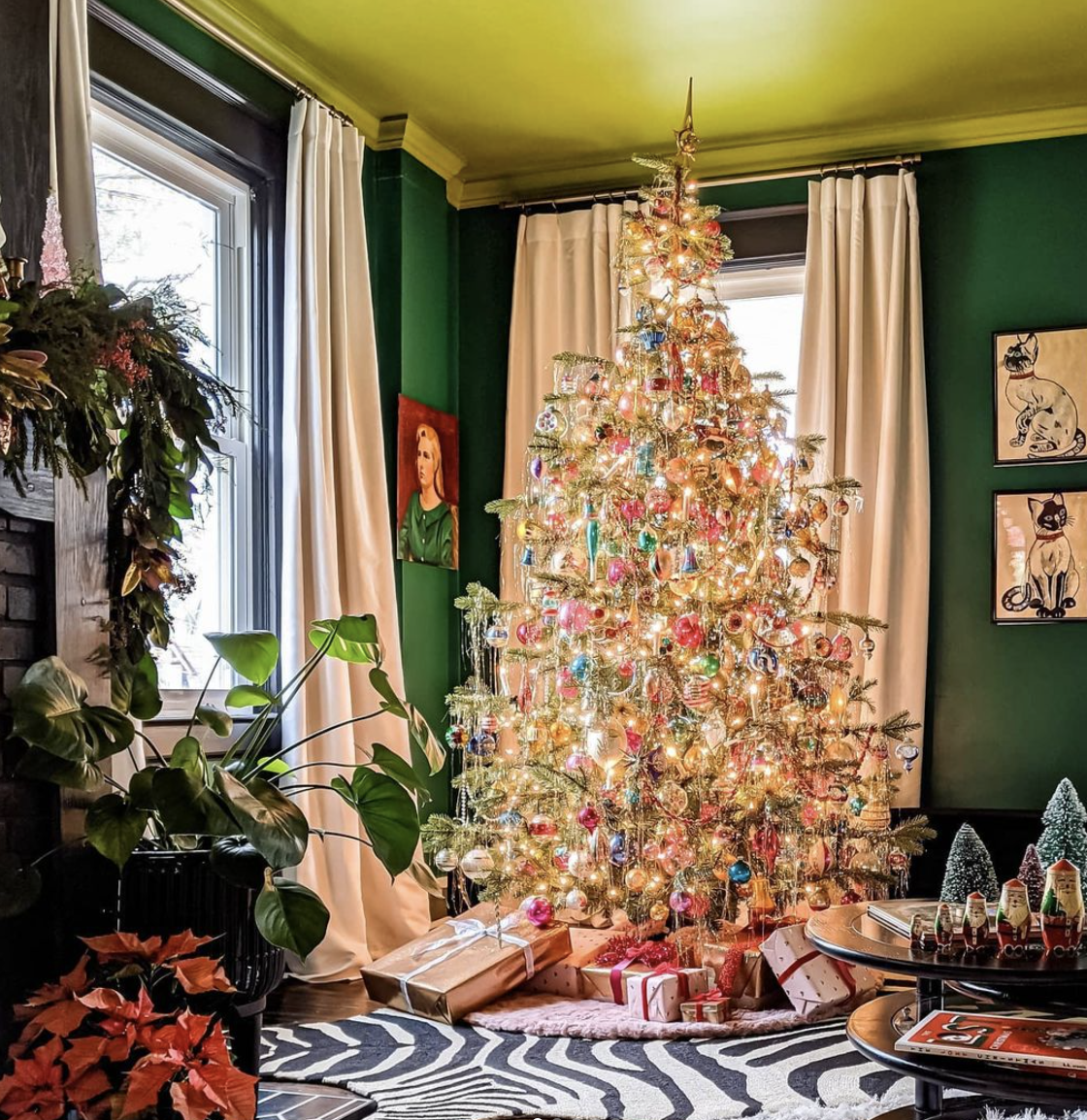 Tinsel covered Christmas tree covered in vintage glass ornaments kellyelko.com