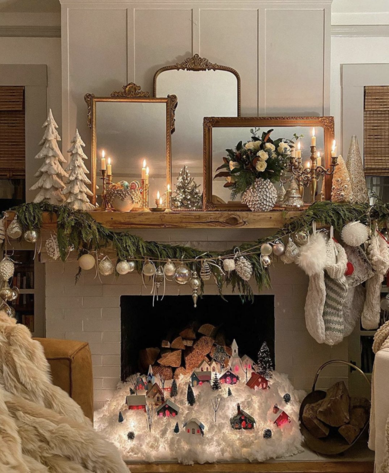 12 Creative Christmas Decorating Ideas - love this Christmas mantel with snowy putz house village kellyelko.com
