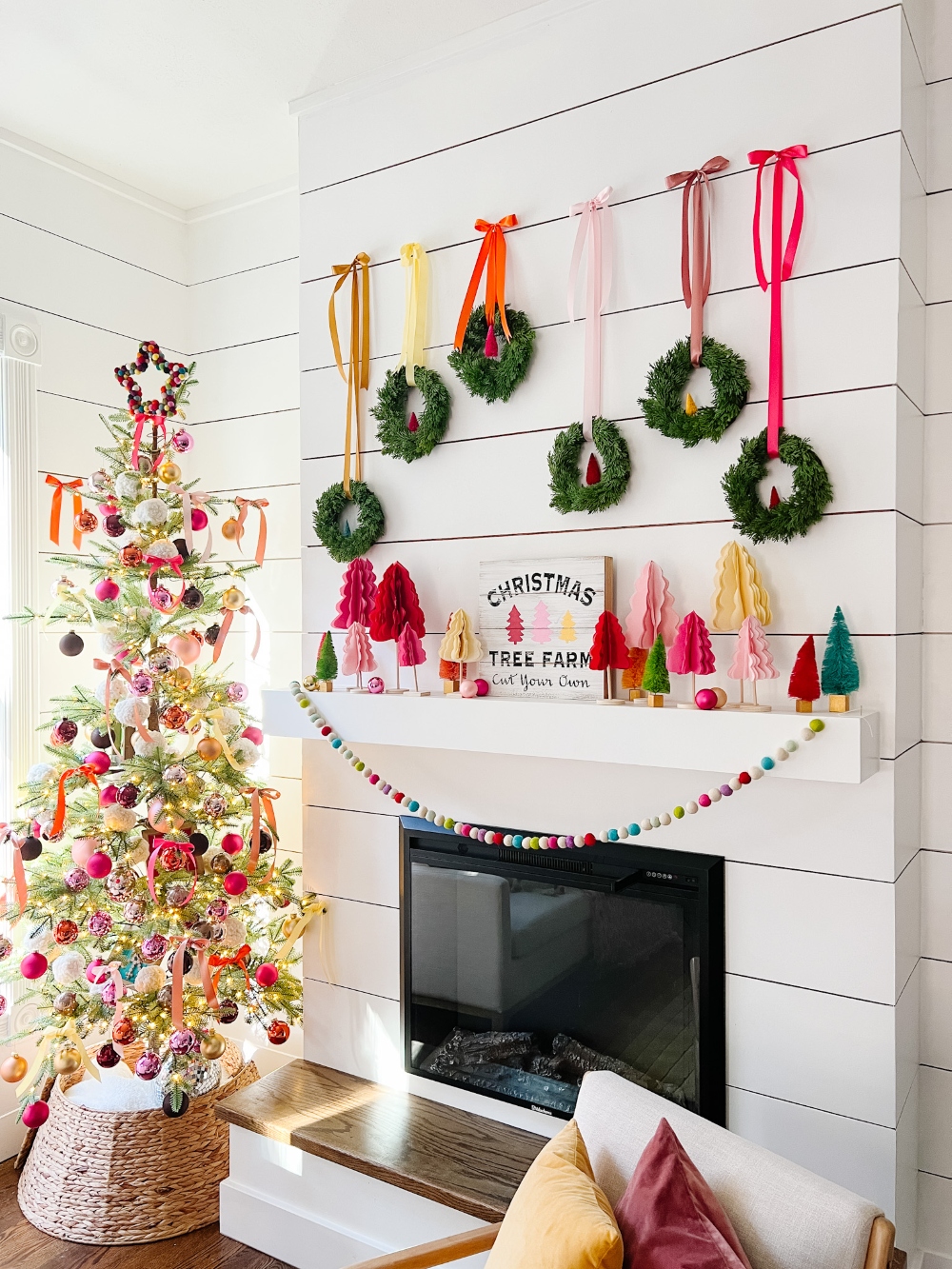 Colorful Christmas mantel with DIY tissue paper trees 