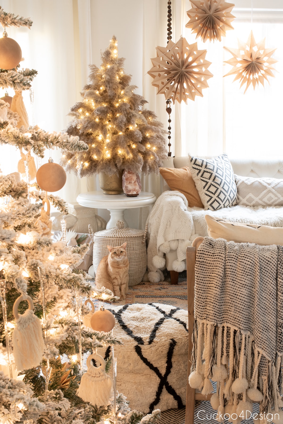 Gorgeous boho Christmas home with DIY paper bag snowflakes and pampas grass Christmas tree 