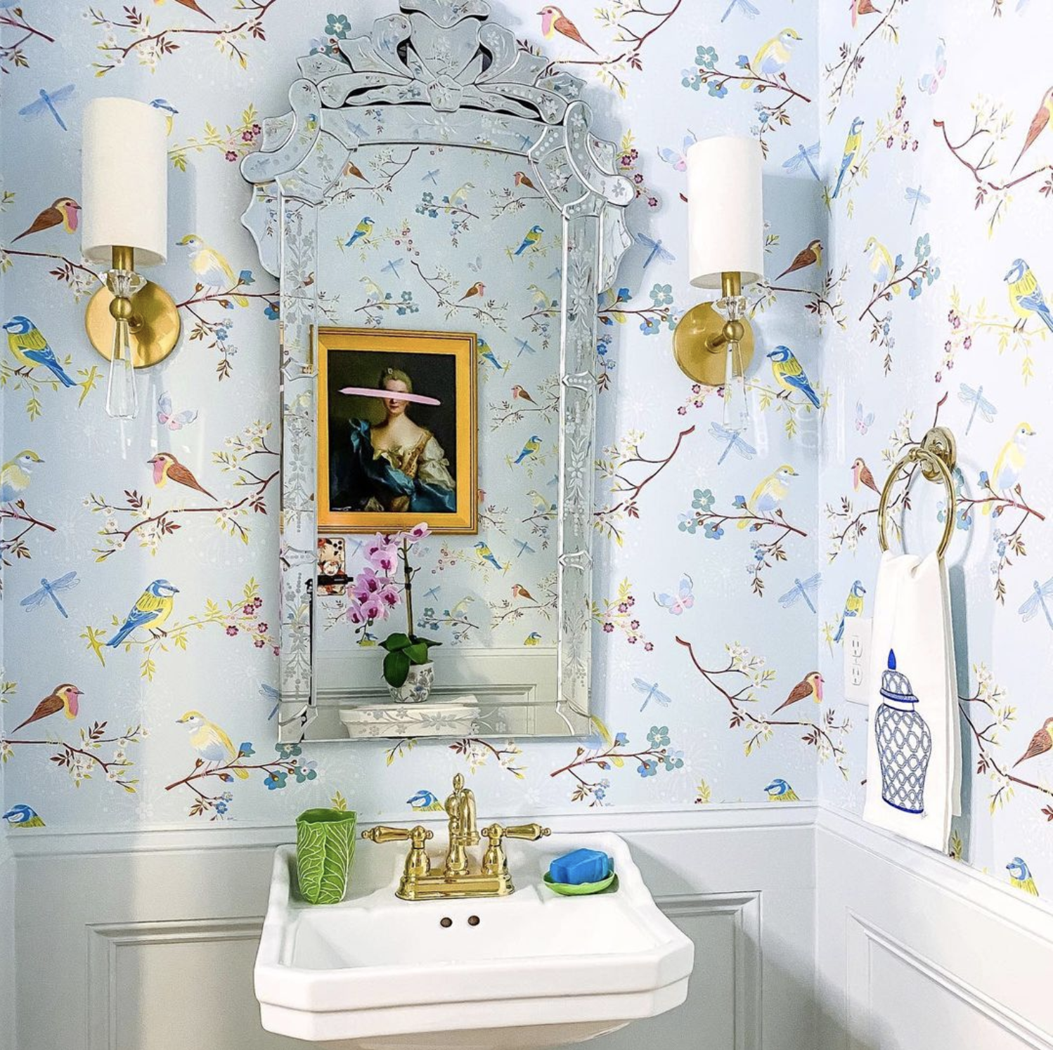 Whimsical bird wallpaper livens up a powder room kellyelko.com