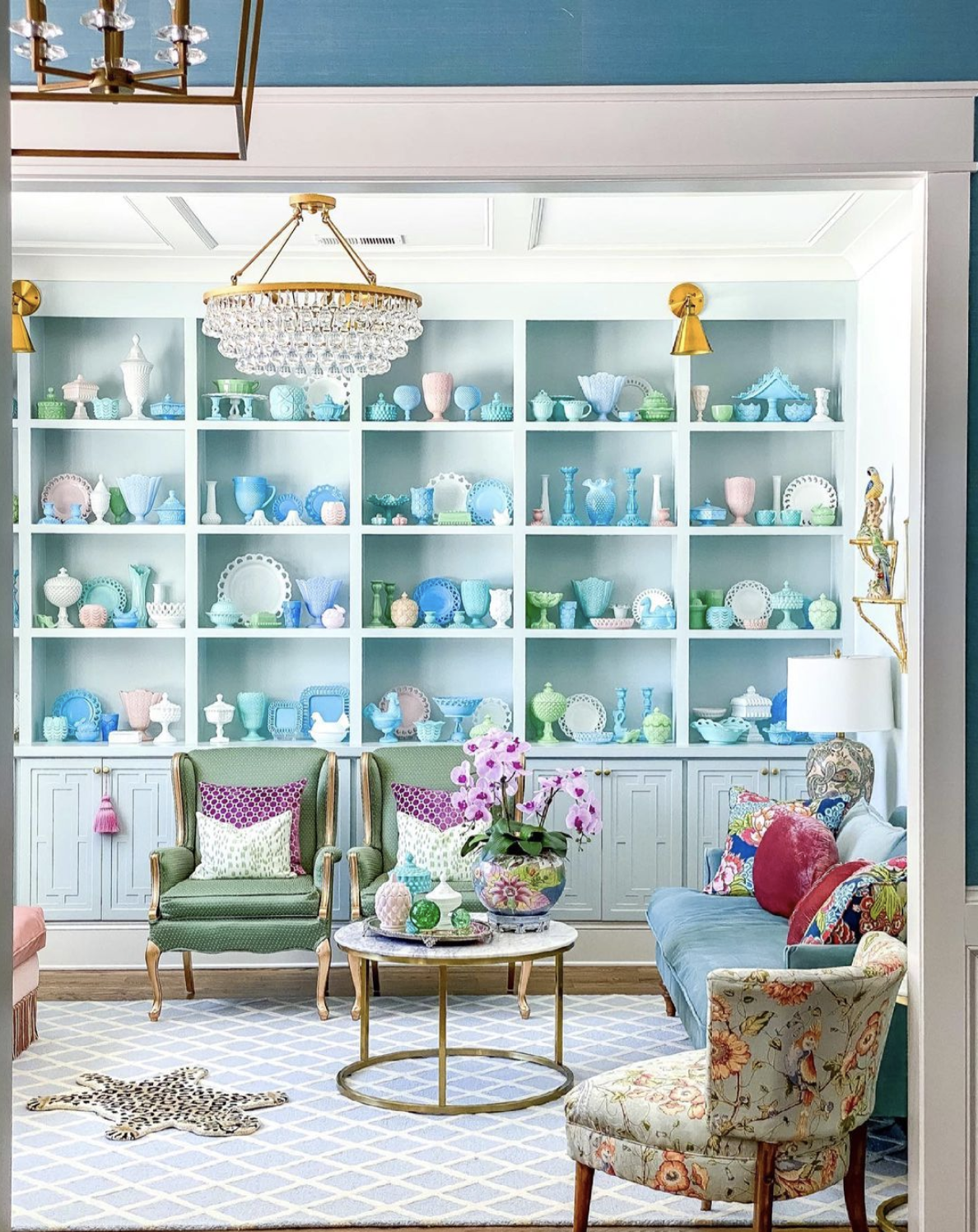 Eclectic Home Tour Lala Saks - love this Huge, colorful milk glass collection in blue, pink and white kellyelko.com