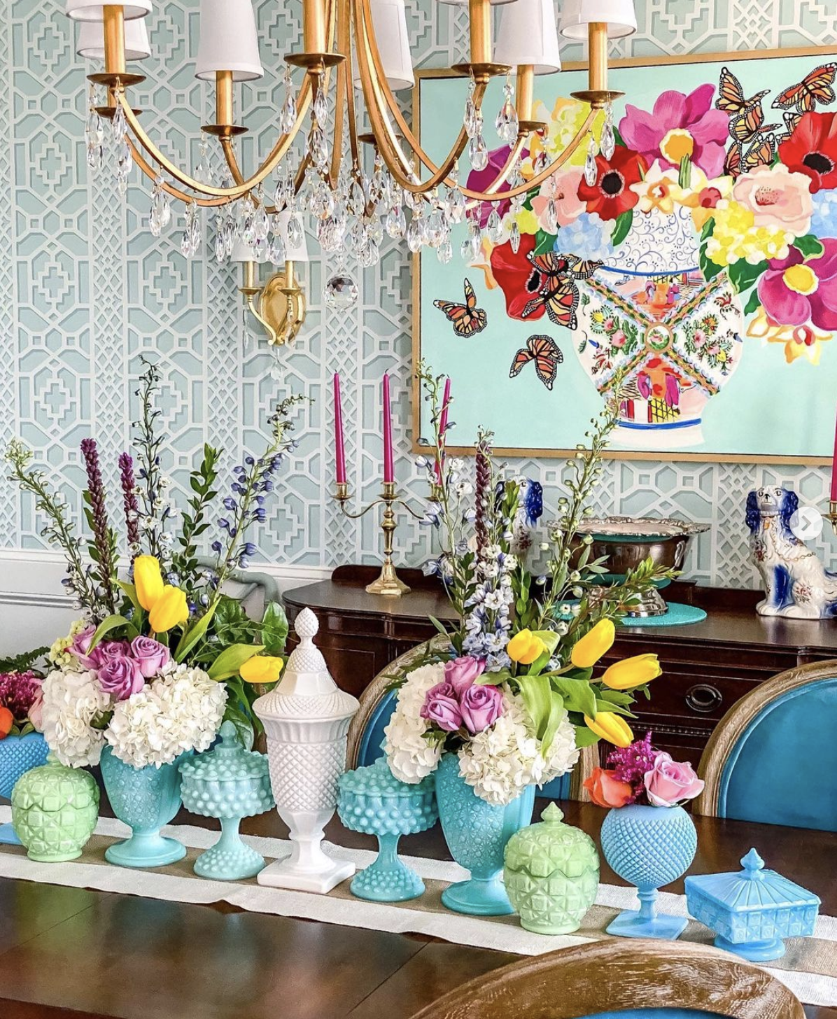 Gorgeous and colorful milk glass collection and centerpiece kellyelko.com