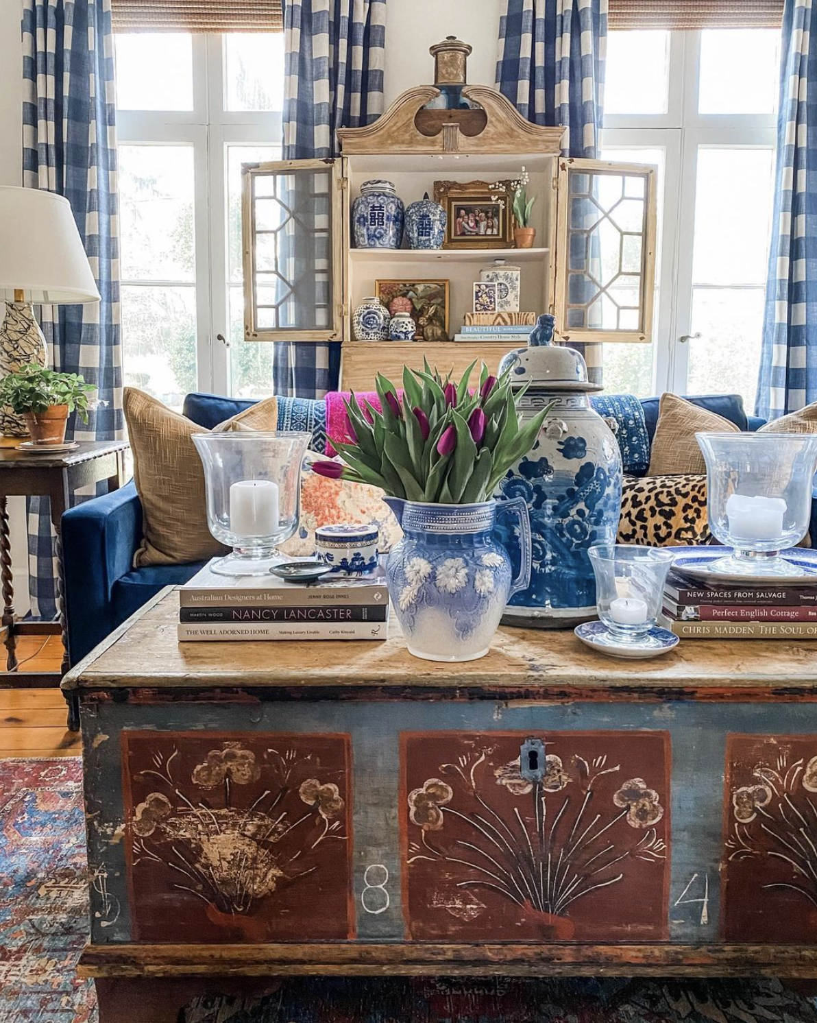 Eclectic Home Tour Our 1842 Home - love the antique painted trunk and secretary kellyelko.com
