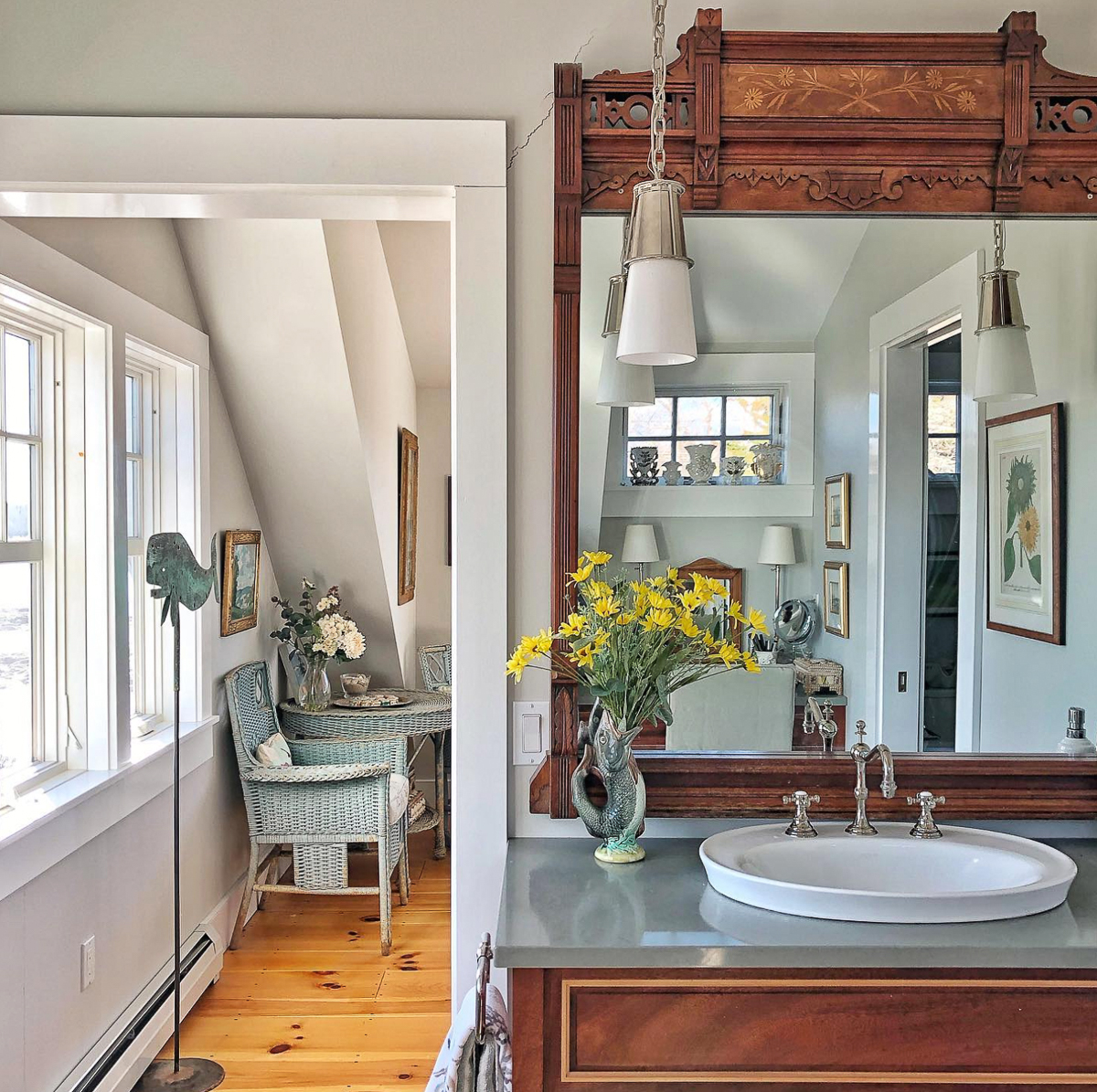 Antique mirror in the bathroom with vanity built to match kellyelko.com