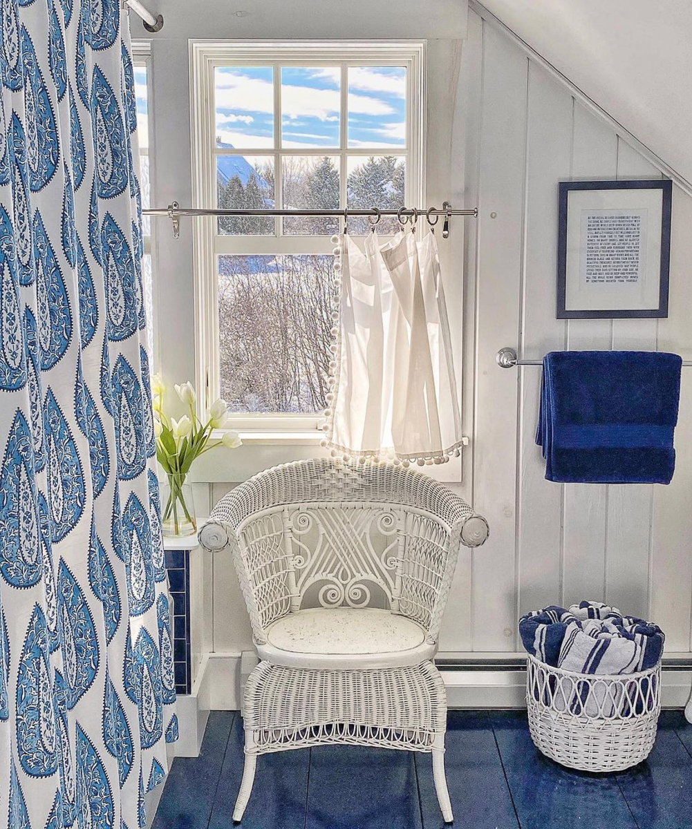 Classic blue and white bathroom with blue painted wood floors kellyelko.com