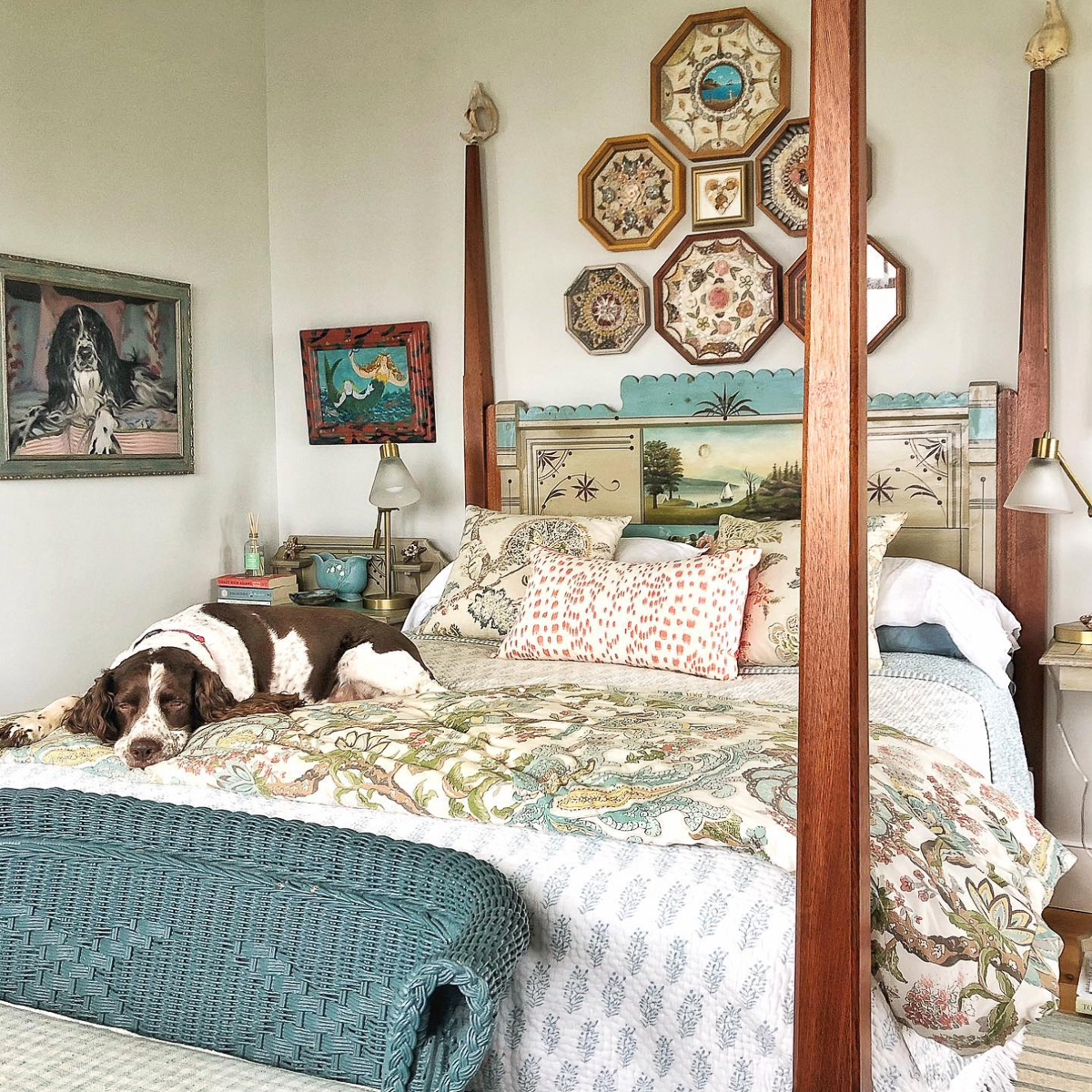 Coastal bedroom with Sailor's Valentines and four poster bed kellyelko.com