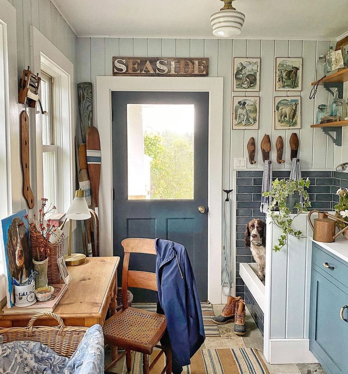 Eclectic Home Tour Molly in Maine kellyelko.com - love this coastal mudroom with dog shower and lots of vintage displays 