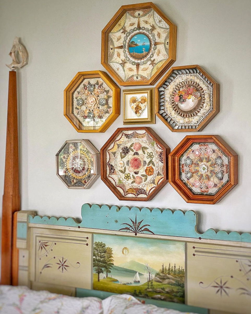 Sailor's Valentines - love them grouped together on a wall of this coastal bedroom kellyelko.com