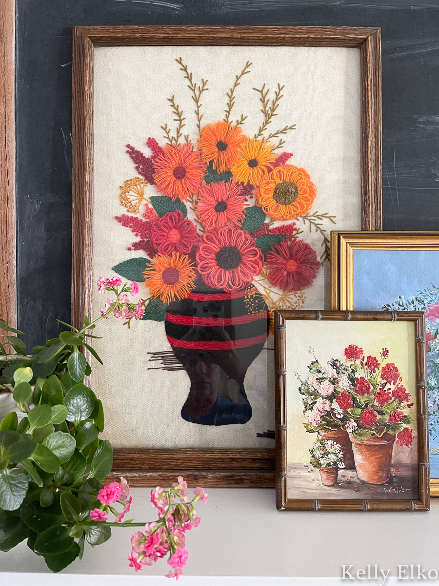 Vintage floral art display tips - love this red and orange crewel art kellyelko.com