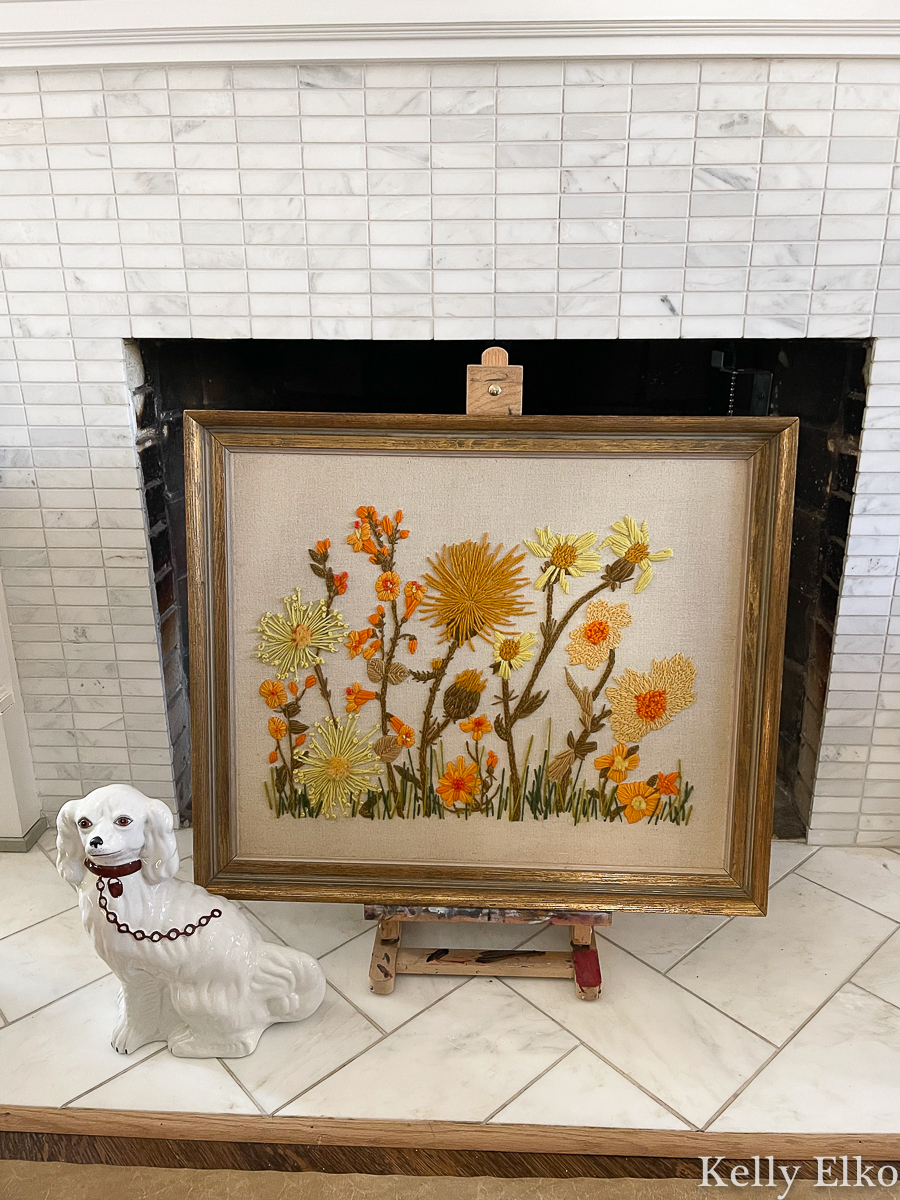 Vintage floral art - love this orange and yellow crewel art kellyelko.com