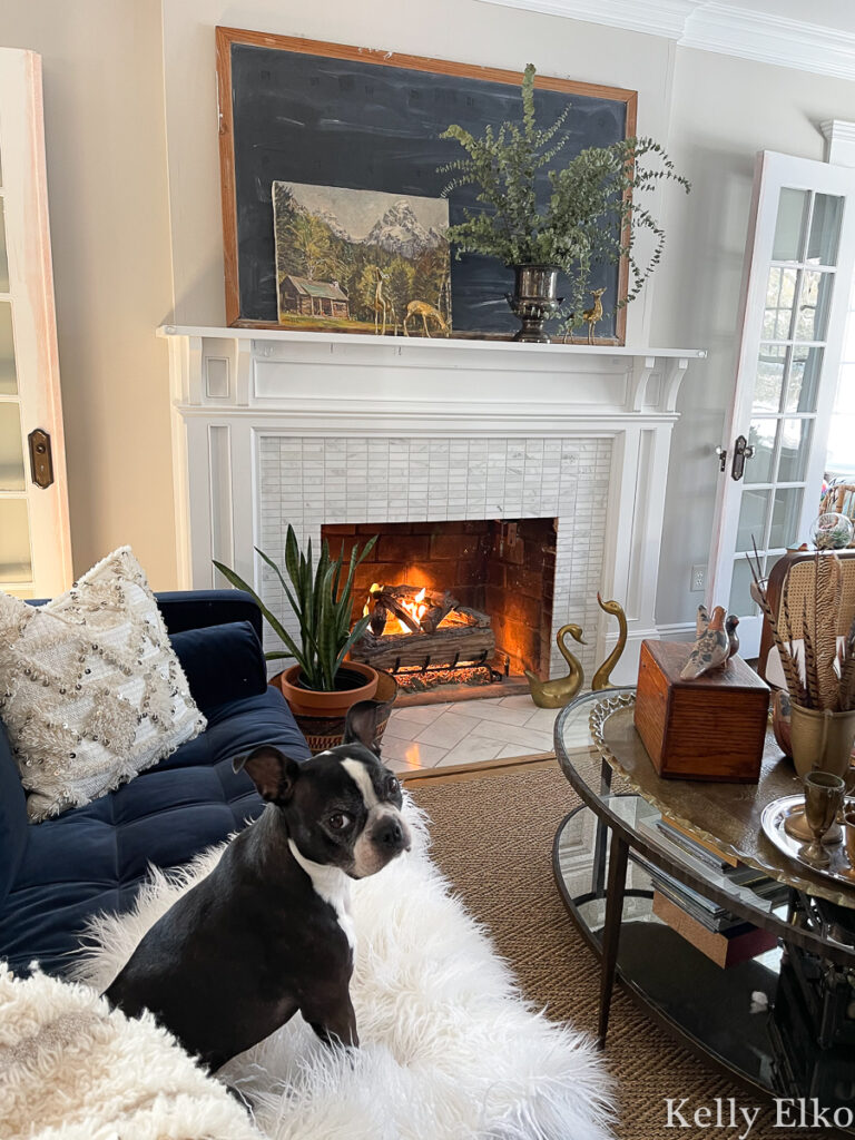 How to decorate winter after Christmas kellyelko.com - love the cozy fireplace and mantel with vintage finds