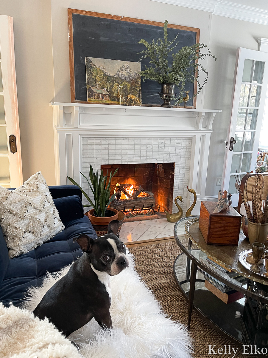How to decorate winter after Christmas kellyelko.com - love the cozy fireplace and mantel with vintage finds