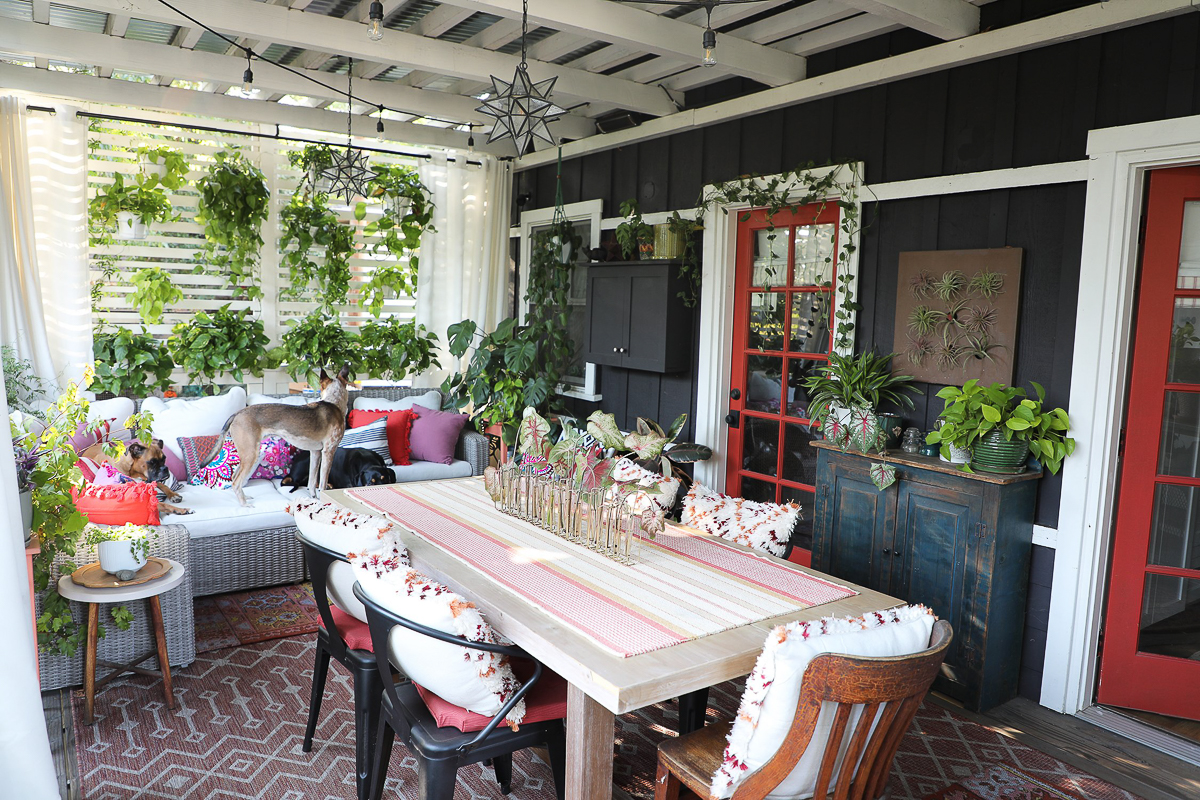 Deck with pergola and privacy screen covered in plants 