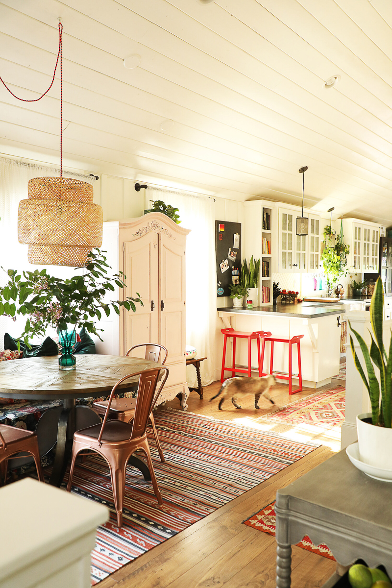 Farmhouse kitchen with soaring ceilings covered in shiplap