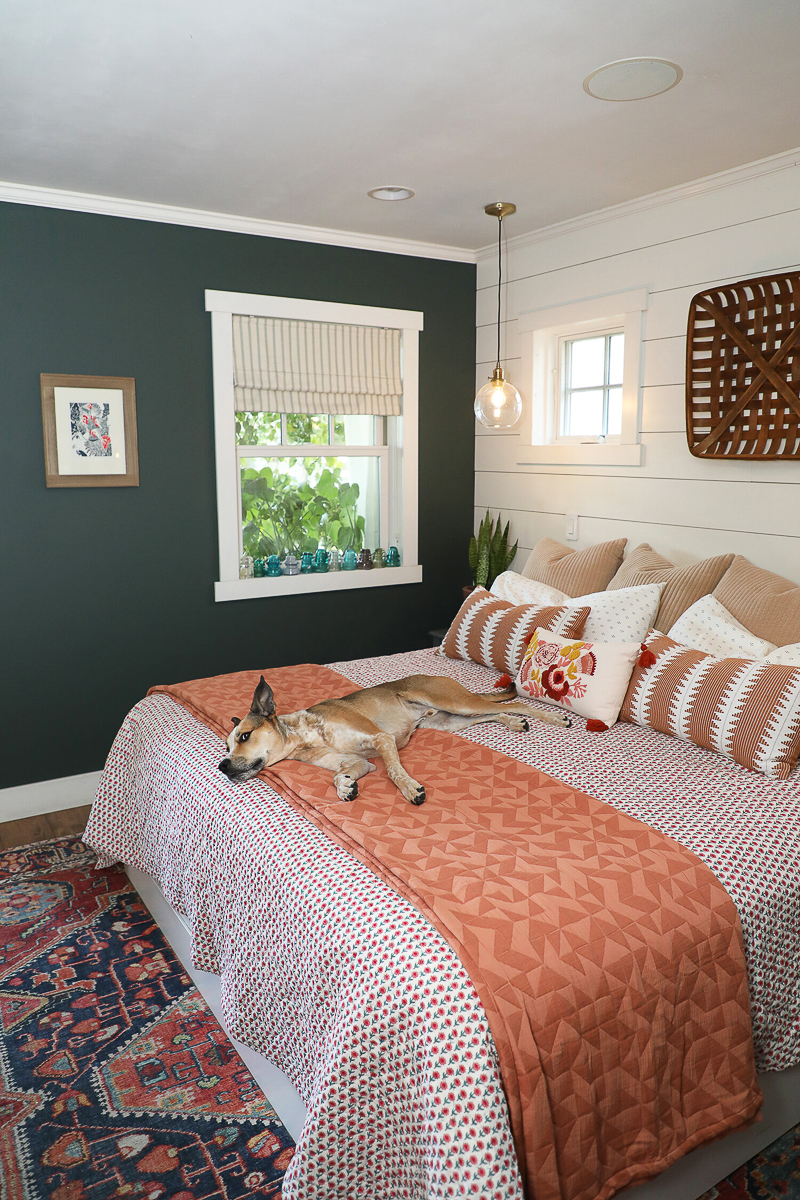 Shiplap walls and dramatic dark green paint in this bedroom 