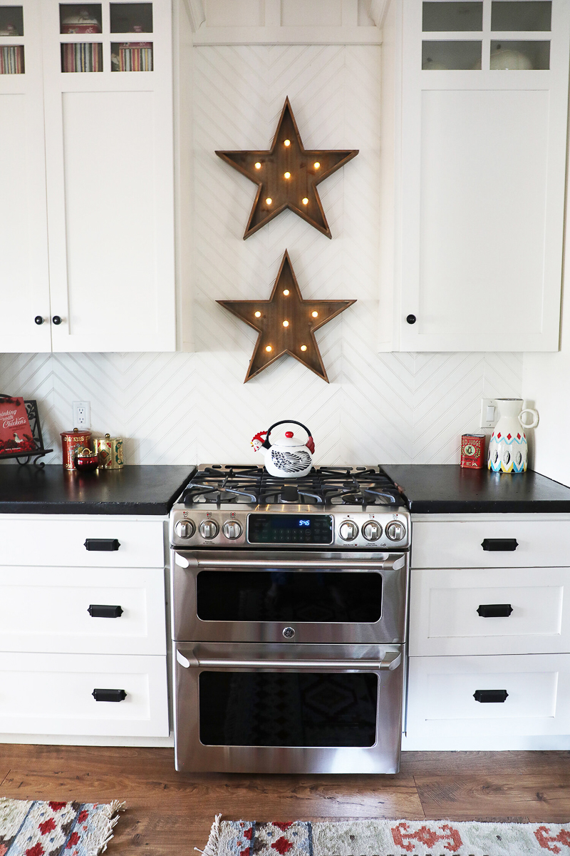 Can you believe this backsplash is wood cut in a chevron pattern 