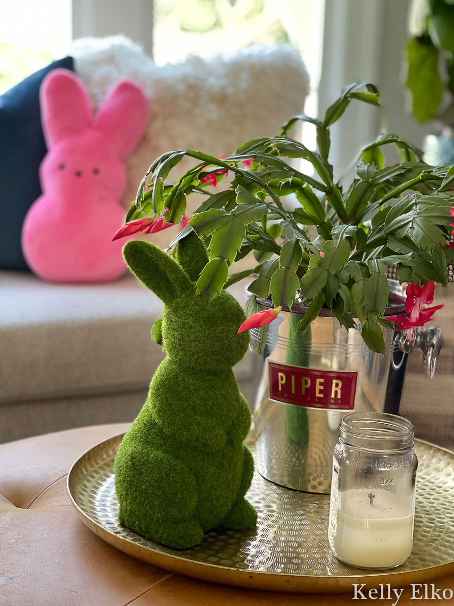 Cute spring decor including an adorable Peeps pillow kellyelko.com