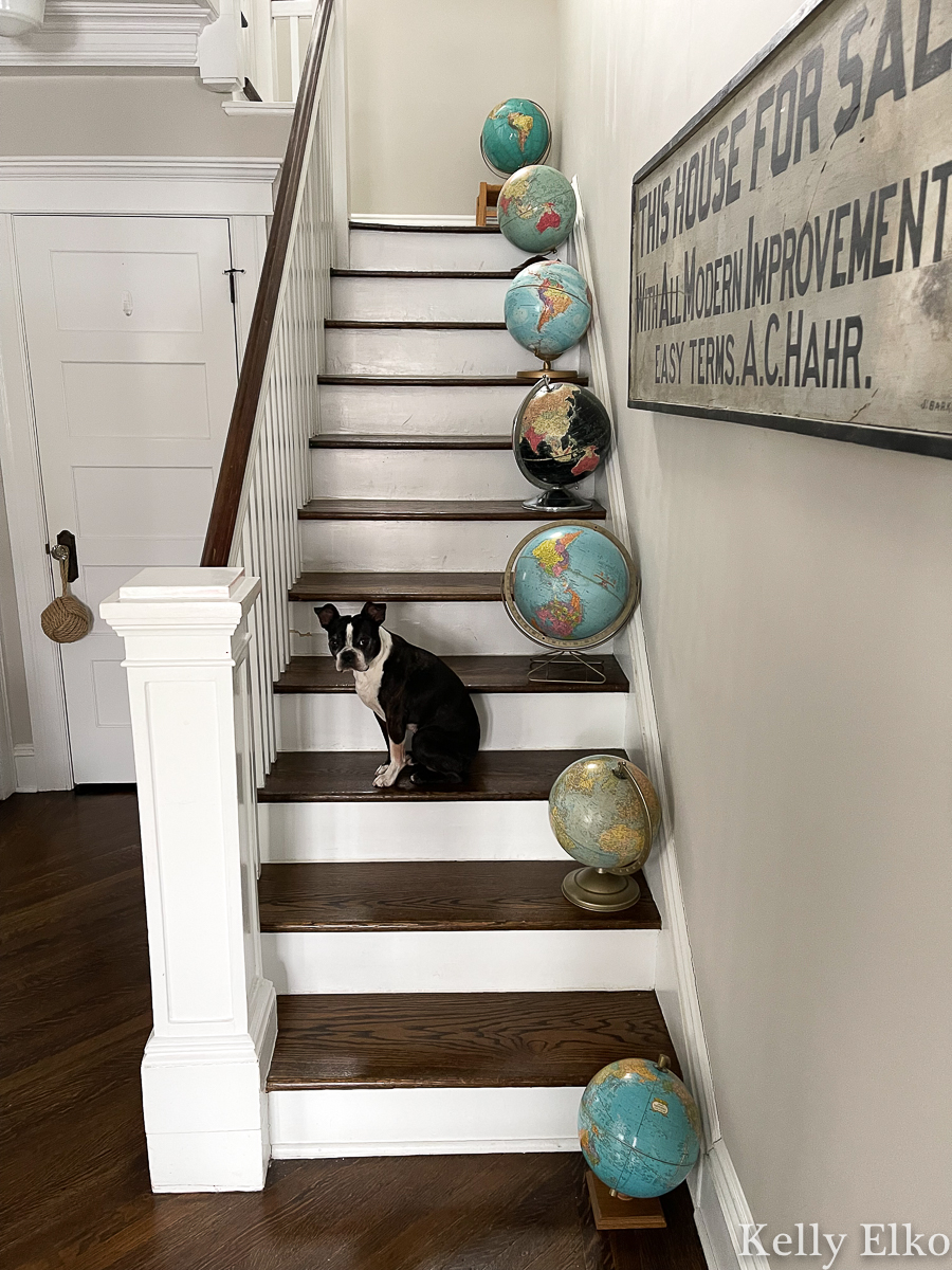 Vintage Globes - love the fun way she displays the globes on her stairs! kellyelko.com plus a great history of globe making 