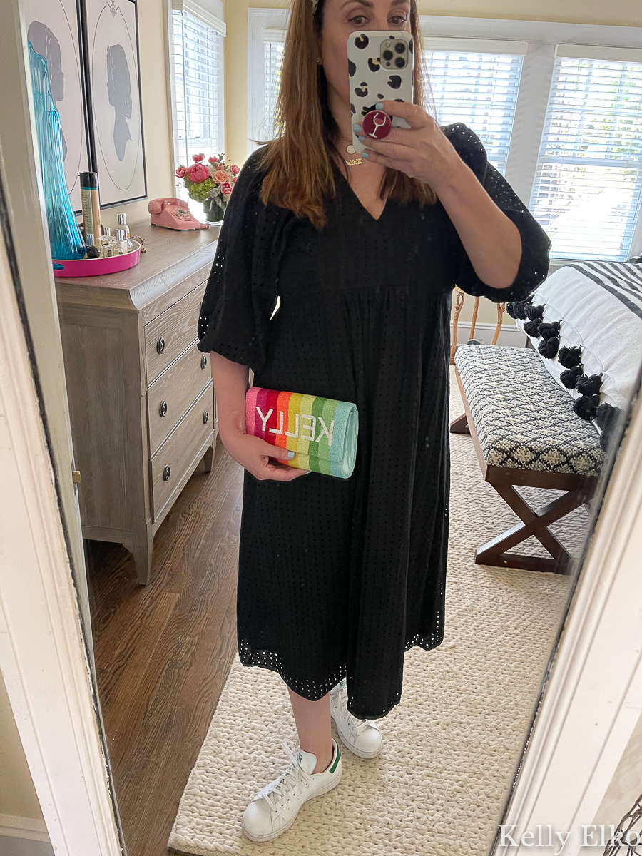 5 Affordable spring/summer dresses under $40! Love this black eyelet midi dress paired with custom monogram clutch kellyelko.com