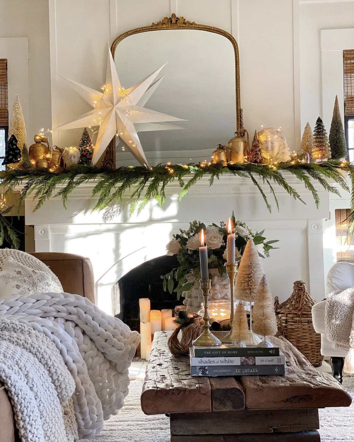Stunning Christmas mantel with brass bells and paper star