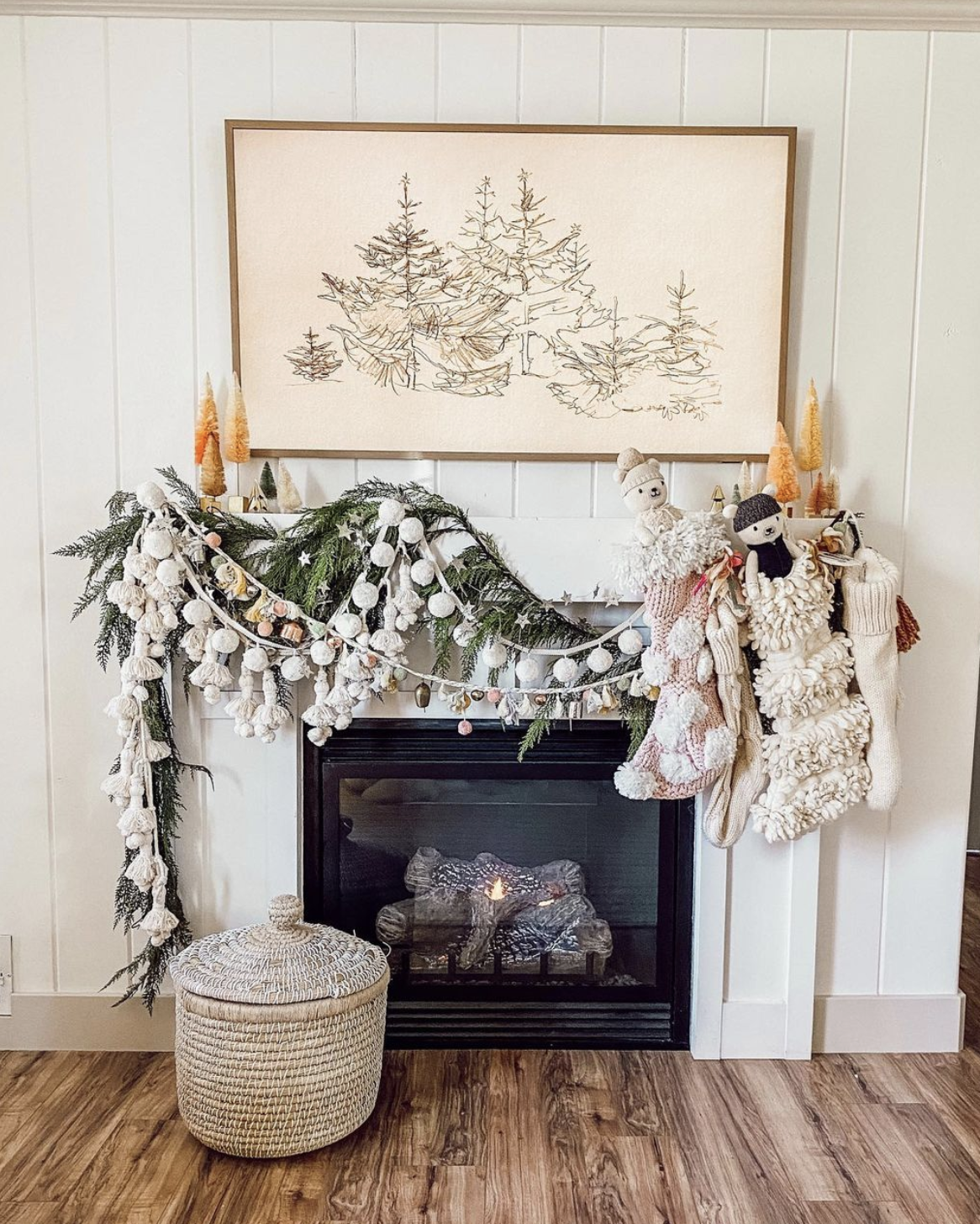 Black and white line art tree art Christmas mantel