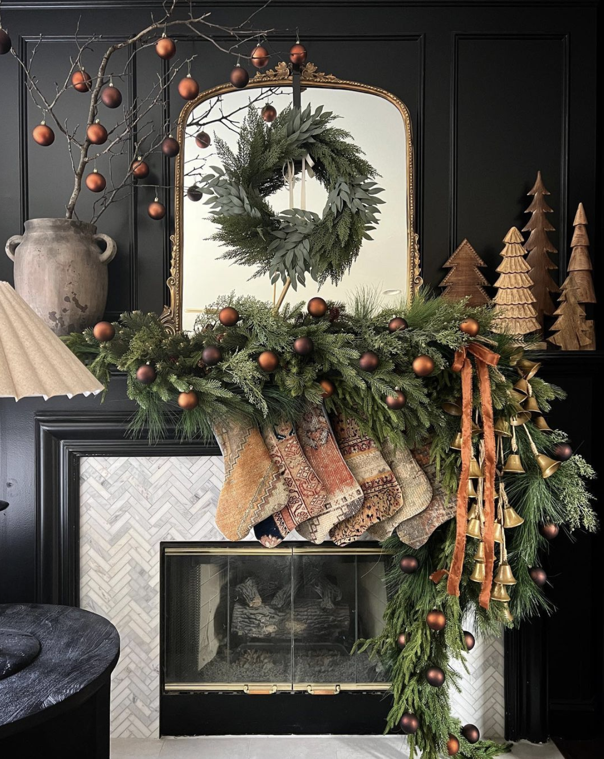 Stunning bronze and copper Christmas mantel with Turkish rug stockings
