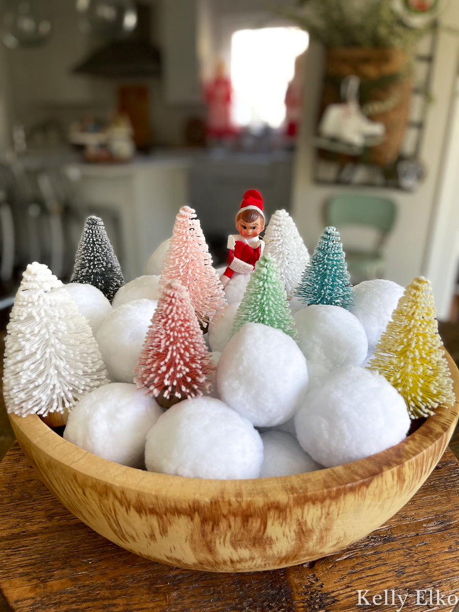 Big bowl of faux snowballs and bottle brush trees kellyelko.com