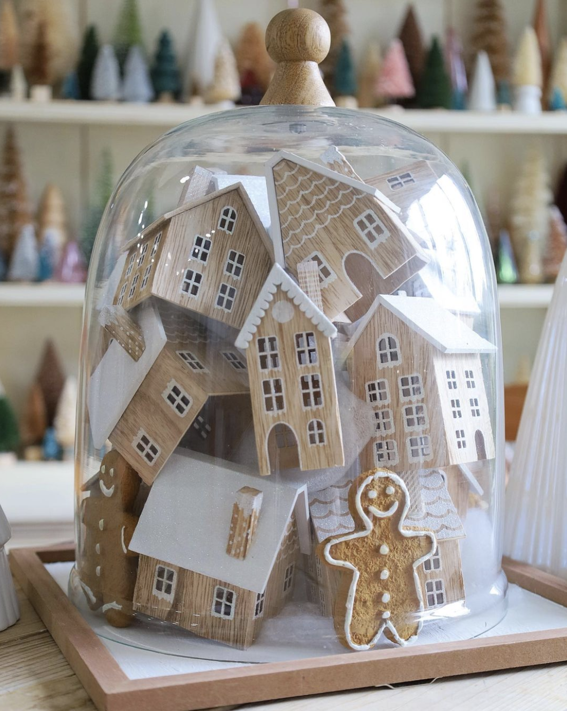 Gingerbread houses under a cloche 