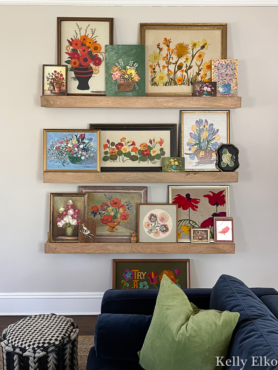 Love this colorful, vintage floral art gallery wall kellyelko.com